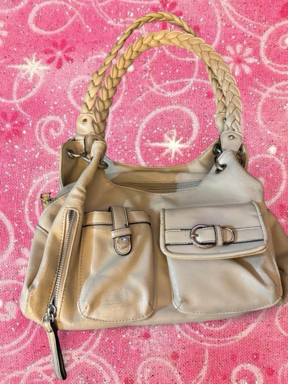 Beige Braided-Handle Women's Shoulder Bag